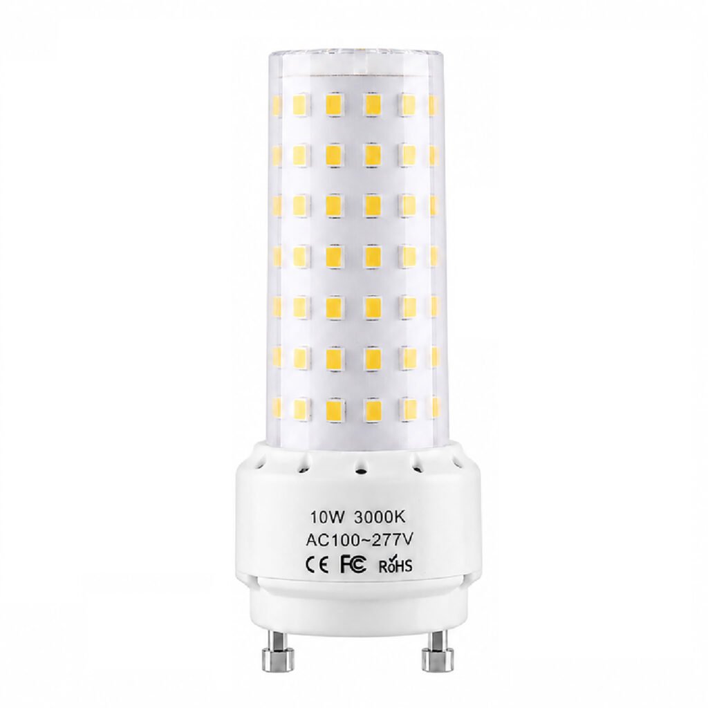 GU24 10W LED bulb with GU24 twist-lock base on white background